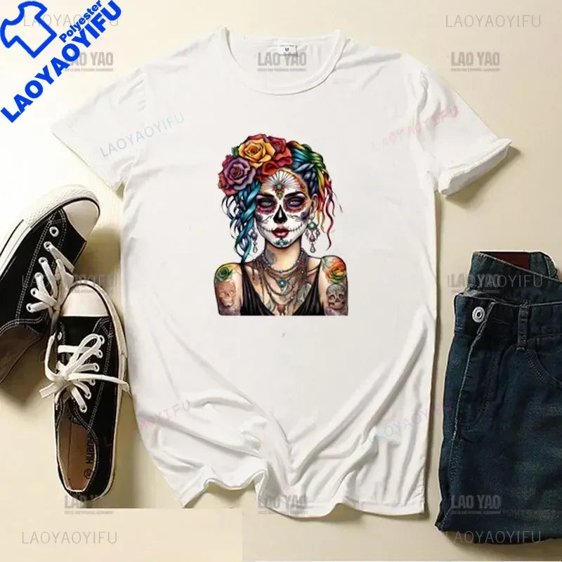Skull Day of The Dead Graphic T Shirts Skeleton Woman Tshirts Mexican Heritage Flowers Black Tops Casual Kawaii Funny Clothes