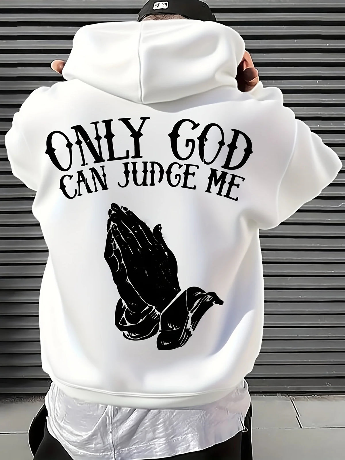 Men's "Only God Can Judge Me" Hoodie Streetwear with Praying Hands Graphic Inspirational Pullover for Casual Wear Style