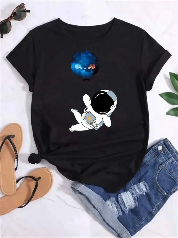 T Shirt Women Moon Planet Print Fashion Tee Shirts Casual Round Neck Short Sleeve Streetwear Female T-Shirt Vintage Tops