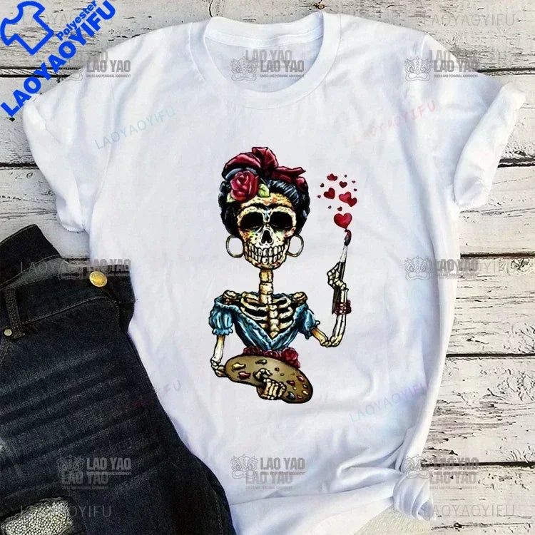 Skull Day of The Dead Graphic T Shirts Skeleton Woman Tshirts Mexican Heritage Flowers Black Tops Casual Kawaii Funny Clothes