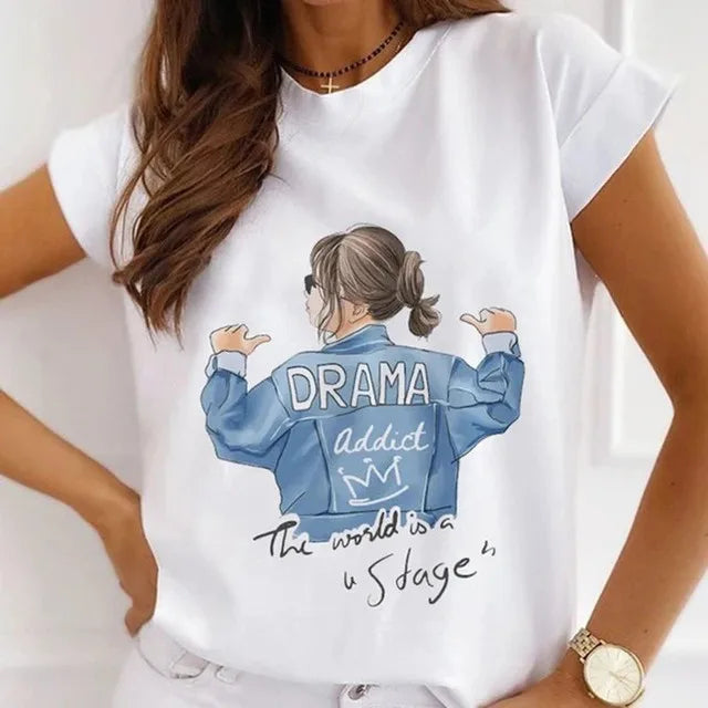 Fashion Girls Cool Half Sleeve American White T-shirt Women's Short Sleeve Top Casual Streetwear Clothing Polyester fiber fabric