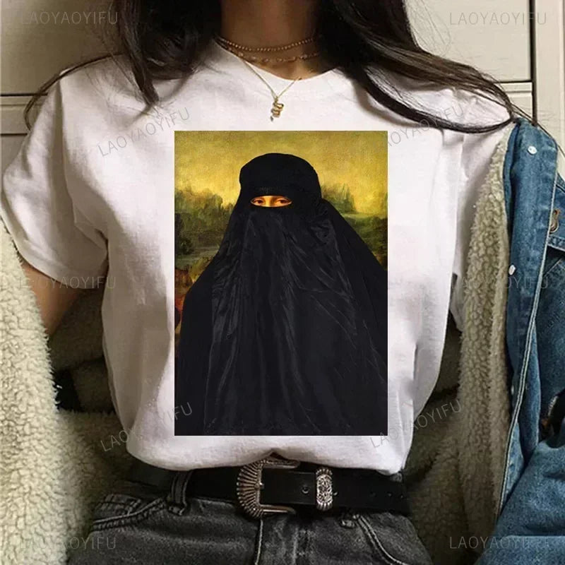 Vintage Humor Mona Lisa Print Women Fashion Top Funny Rose Mona Lisa T-Shirt Classic Camise Breathable Short-sleev