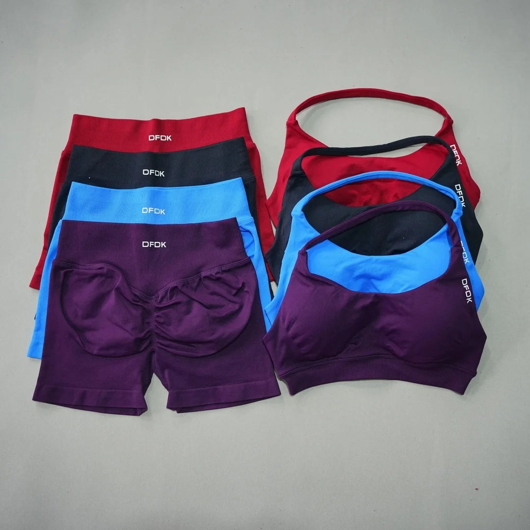 DFDK Women's Fashion 2 Piece Sports Set Lace Up Sports Bra Seamless Shorts Leggings Yoga Gym Fitness Running Tracksuit