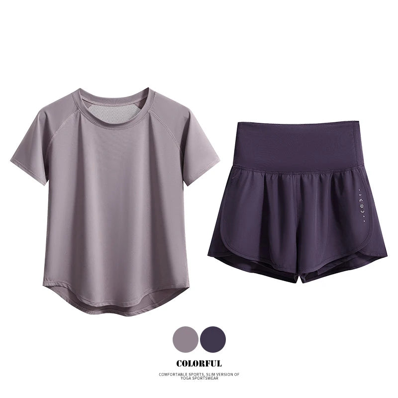 DRUR 2pcs Yoga Set Women Summer Sports Suit 2 Piece Sportswear Outfits Female Short Sleeve Fitness Tops Running Shorts Sets New
