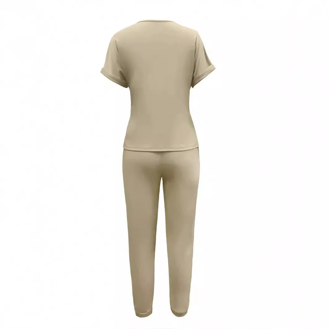 Sports Two-piece Set For Women Summer Fashion Comfortable Casual Solid Color Round Neck Short-sleeved Top And Elastic Pants Set