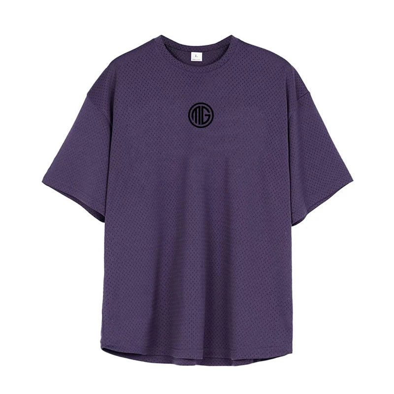 Mens Running T Shirt  Dropped Shoulders Mesh Quick Dry Crew Neck Loose Oversized Fit Breathable Moisture Wicking Gym Workout Tee