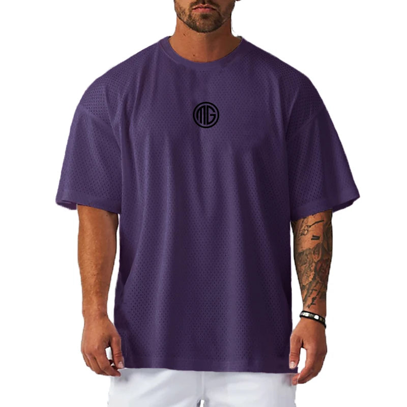 Mens Running T Shirt  Dropped Shoulders Mesh Quick Dry Crew Neck Loose Oversized Fit Breathable Moisture Wicking Gym Workout Tee