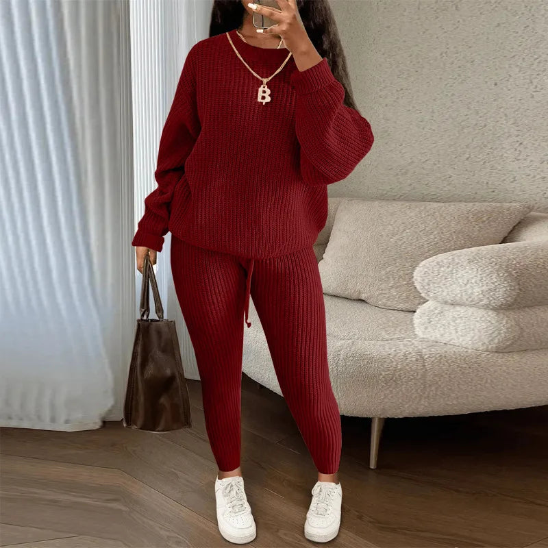 Knitted Sweater Two Piece Set For Women Autumn Winter Long Sleeve O Neck Sweater + Skinny Pants Sets Casual Knit Outfit Homewear