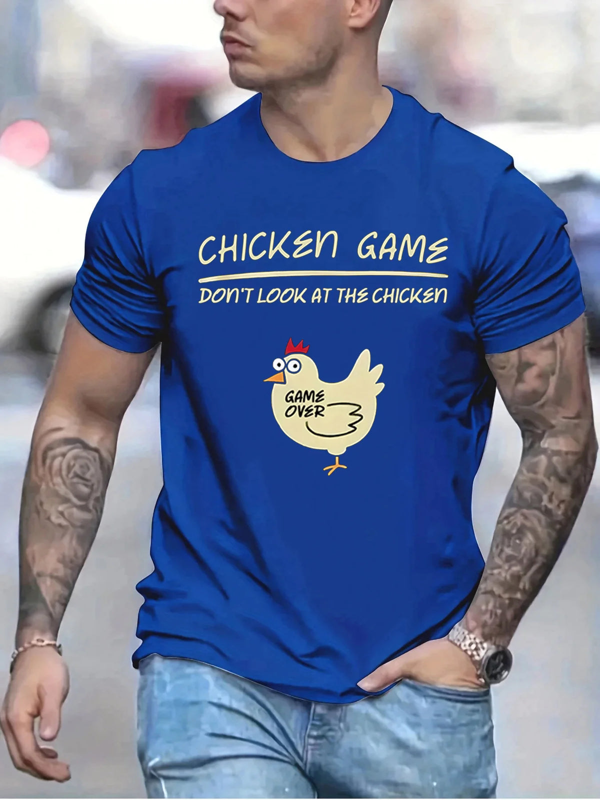 Men's 100% pure cotton fashionable casual loose sports fun chicken game pattern printed round neck short sleeved T-shirt top