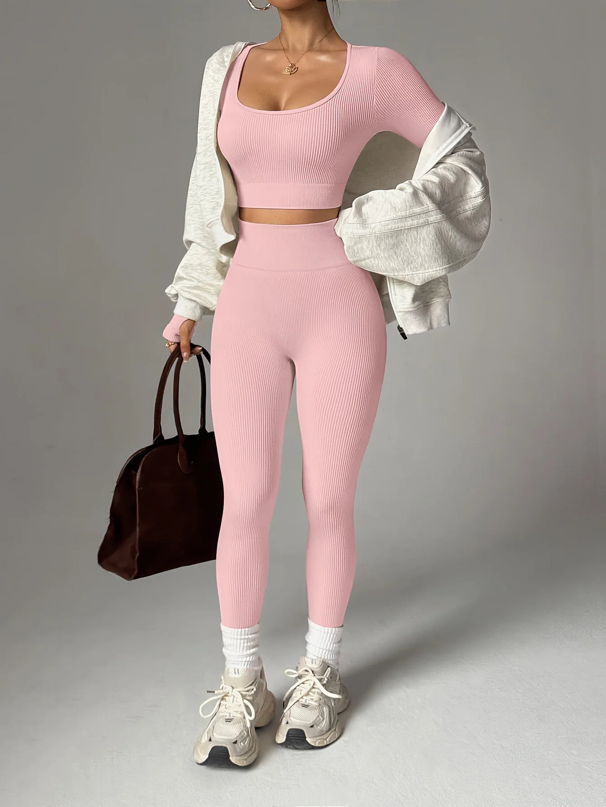 2 pieces set of pure color ribbed women's casual sportswear, sexy low-neck cropped sports long sleeves   high-waisted sports leg