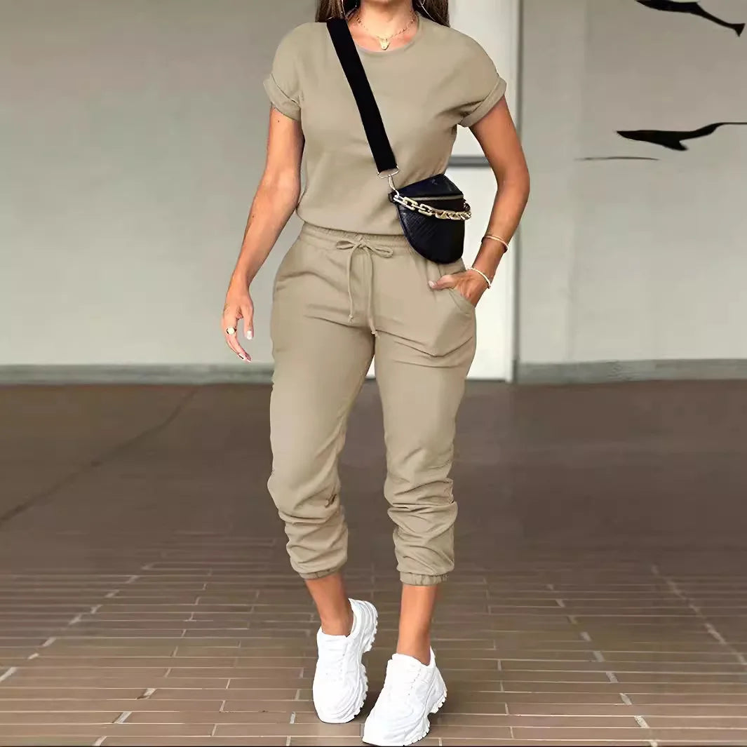 Sports Two-piece Set For Women Summer Fashion Comfortable Casual Solid Color Round Neck Short-sleeved Top And Elastic Pants Set