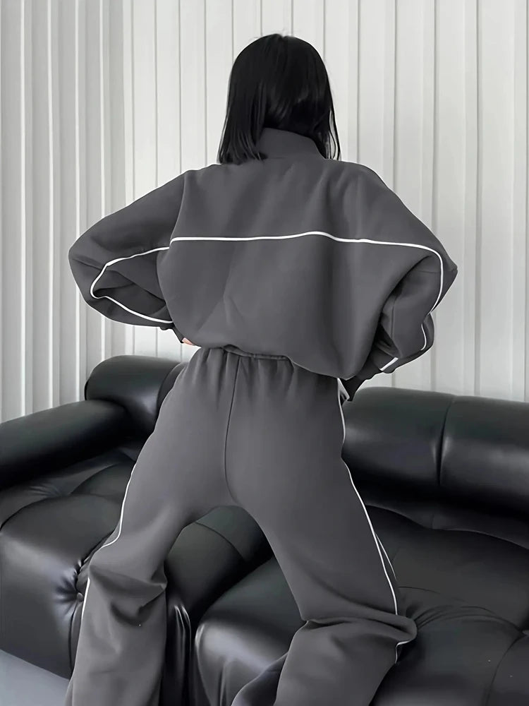 FSMG Casual Oversize Striped Half High Neck Zippers Sports Sets Women's Long Sleeve Sweatshirt Elastic Waist Pants 2 Piece Set