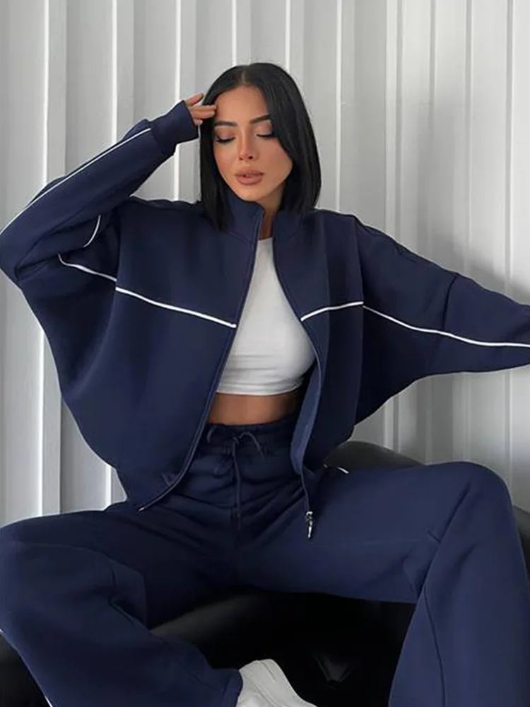 FSMG Casual Oversize Striped Half High Neck Zippers Sports Sets Women's Long Sleeve Sweatshirt Elastic Waist Pants 2 Piece Set