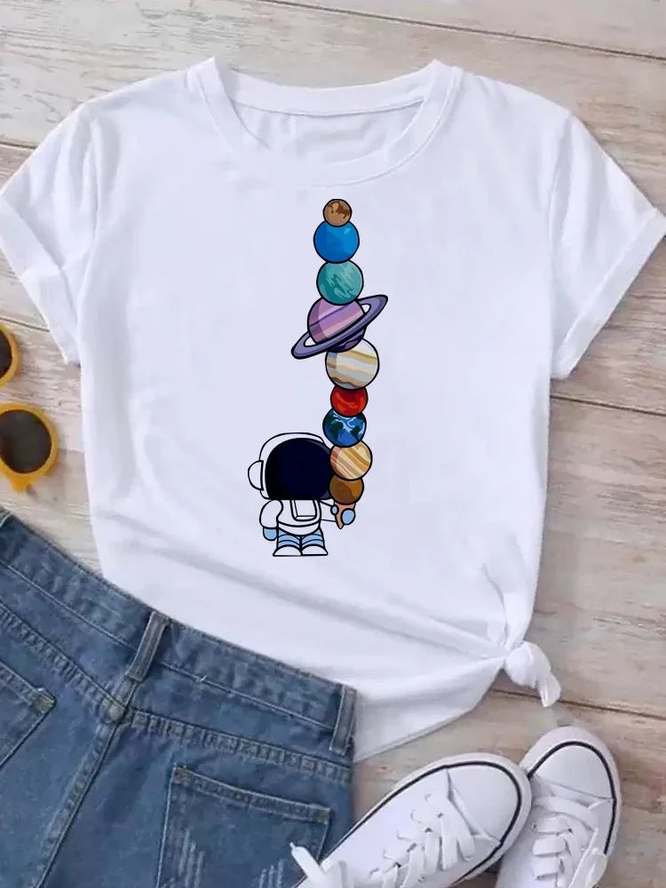 T Shirt Women Moon Planet Print Fashion Tee Shirts Casual Round Neck Short Sleeve Streetwear Female T-Shirt Vintage Tops