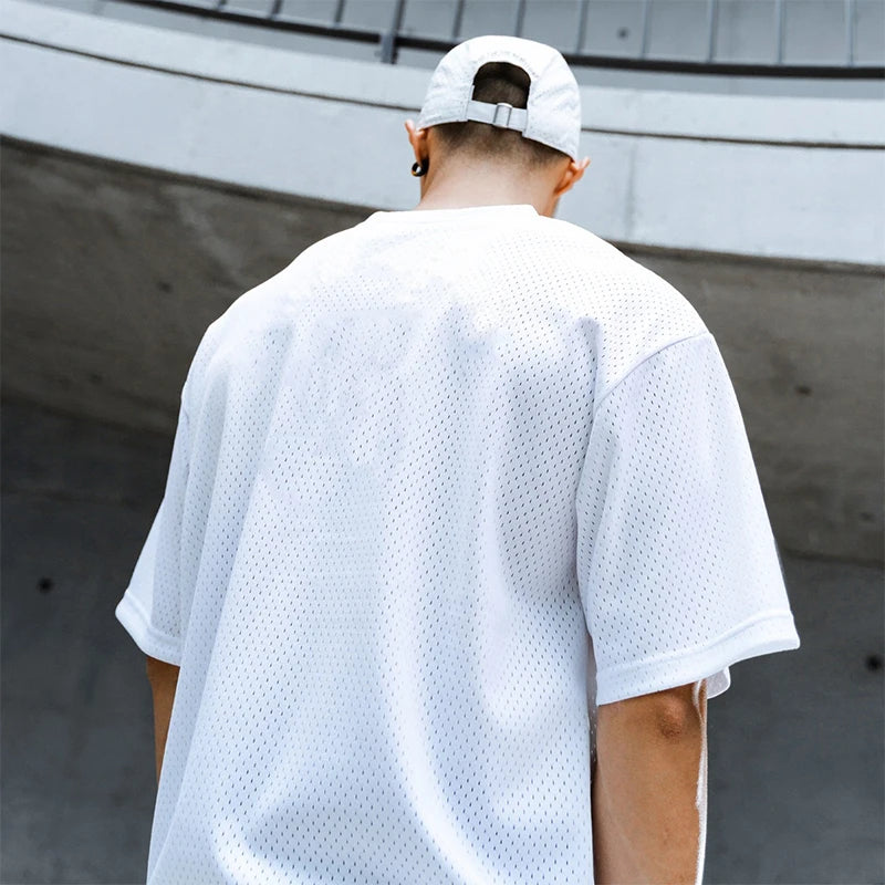 Mens Running T Shirt  Dropped Shoulders Mesh Quick Dry Crew Neck Loose Oversized Fit Breathable Moisture Wicking Gym Workout Tee