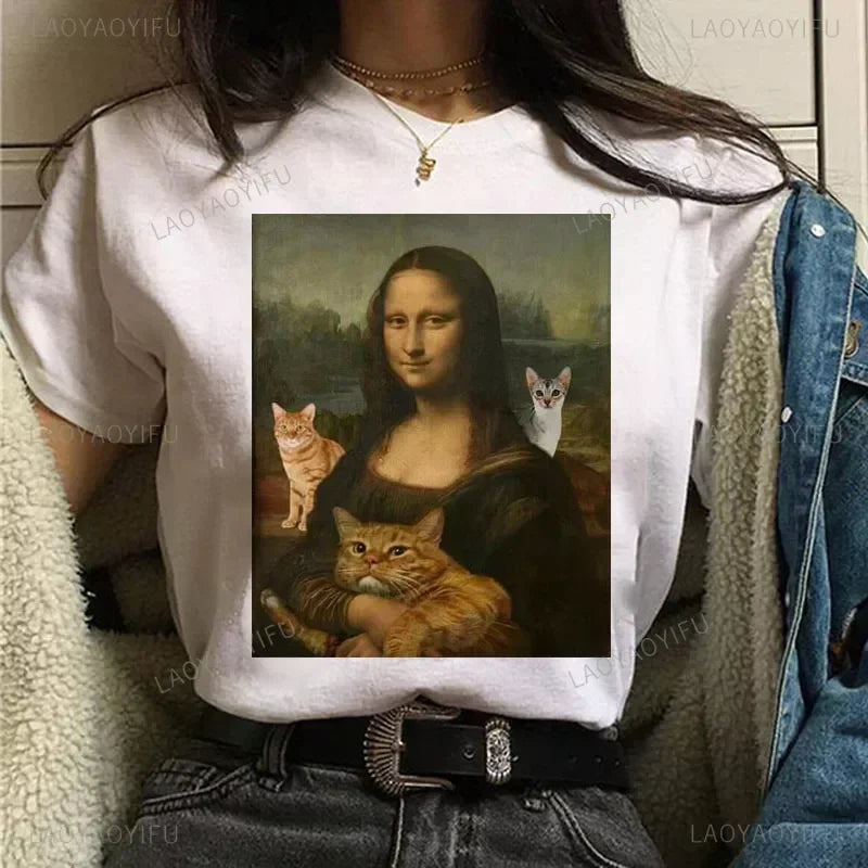 Vintage Humor Mona Lisa Print Women Fashion Top Funny Rose Mona Lisa T-Shirt Classic Camise Breathable Short-sleev