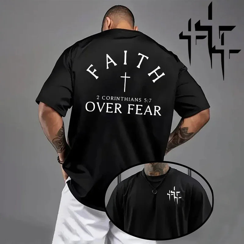 Faith Over Fear Pattern T-shirt for Man High Grade Pure Cotton Short Sleeve Top Summer Male Daily Casual Fashion Breathable Tees