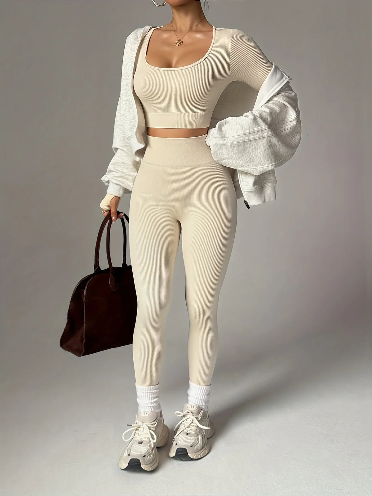 2 pieces set of pure color ribbed women's casual sportswear, sexy low-neck cropped sports long sleeves   high-waisted sports leg