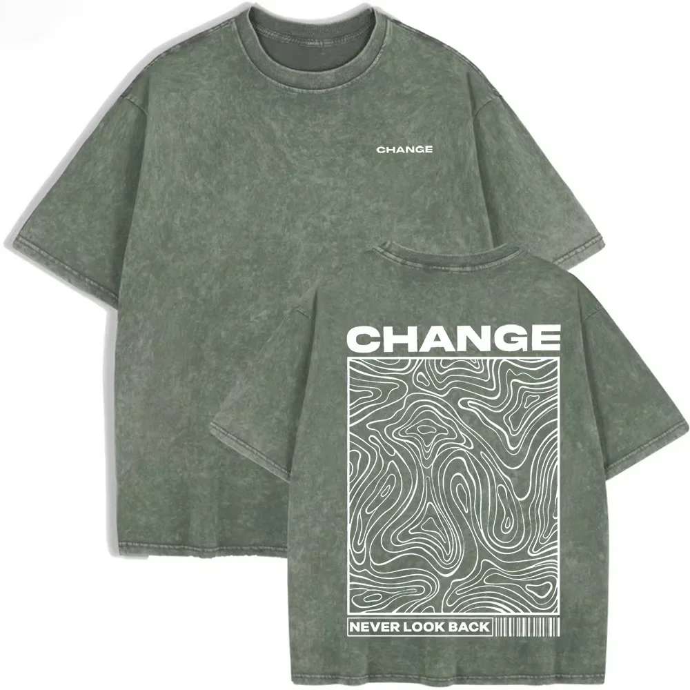 "CHANGE" Topographic Line Art Print Vintage Washed Beige Casual Graphic T Shirt
