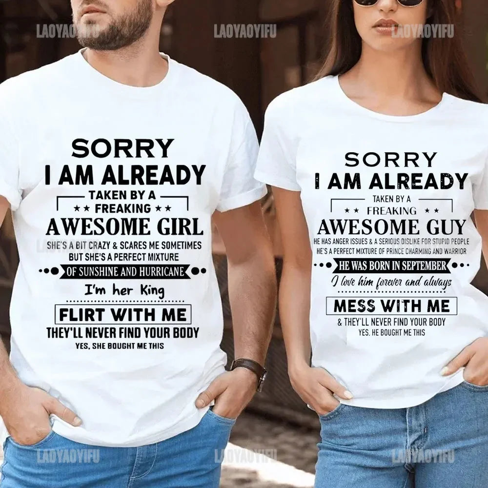 Sorry I Am Already Taken By A Freaking Awesome Guy Husband Couple T-Shirt Fashion Funny Husband and Wife T Shirt  Short-sleev