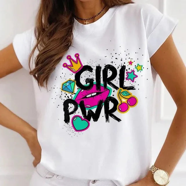 Fashion Girls Cool Half Sleeve American White T-shirt Women's Short Sleeve Top Casual Streetwear Clothing Polyester fiber fabric