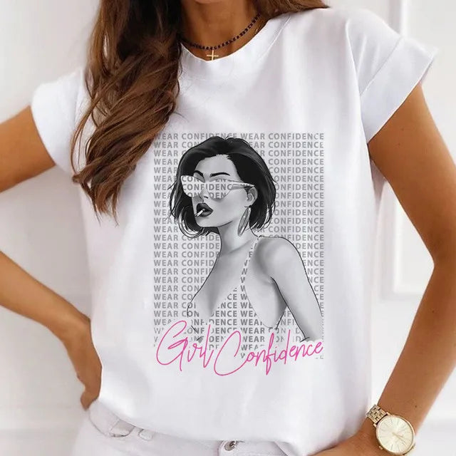 Fashion Girls Cool Half Sleeve American White T-shirt Women's Short Sleeve Top Casual Streetwear Clothing Polyester fiber fabric