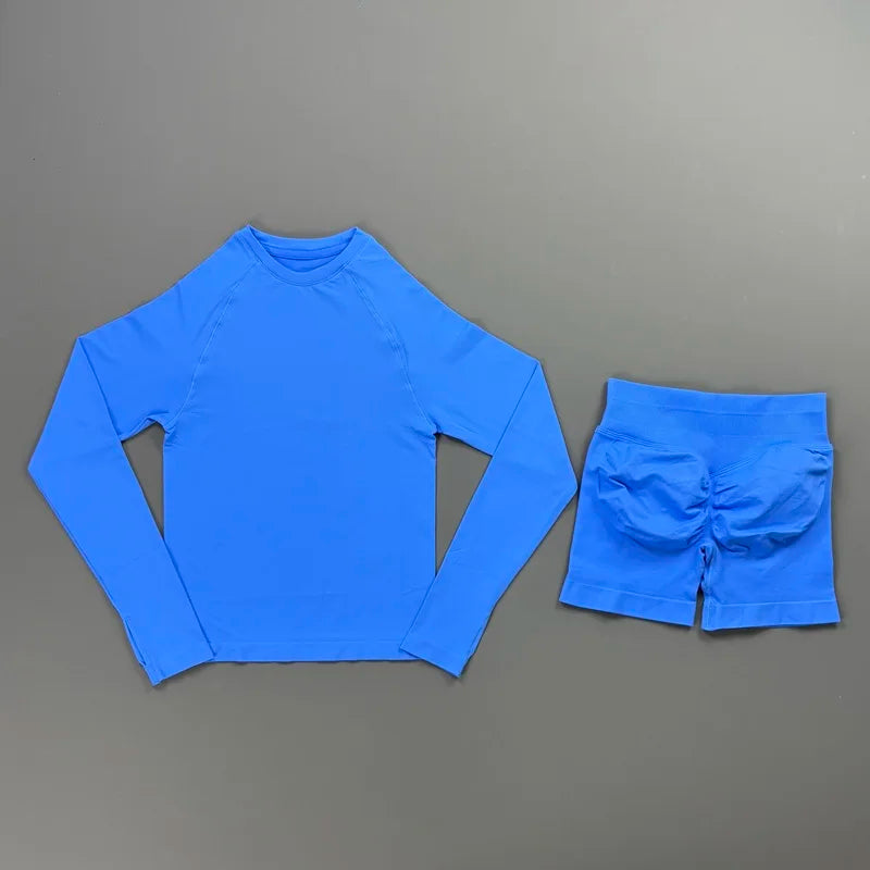 HISTELLO 2 Piece Gym Set Women Sports Long Sleeve Top and Shorts Sets Lightweight Fitness Clothes Pilates Yoga Sportswear Outfit
