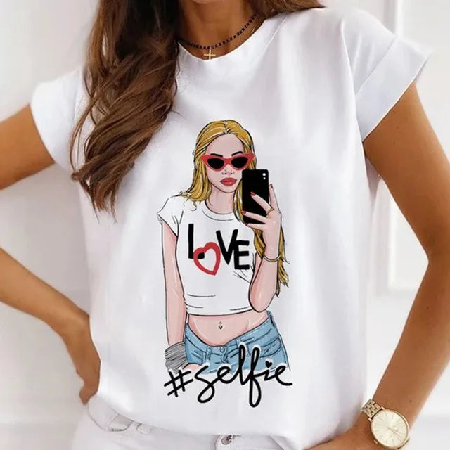 Fashion Girls Cool Half Sleeve American White T-shirt Women's Short Sleeve Top Casual Streetwear Clothing Polyester fiber fabric