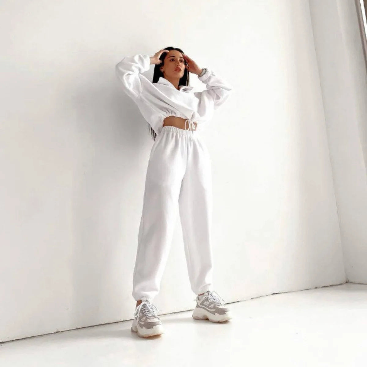 2Pcs/Set Women Sportswear Suit Casual Trousers Solid Color Hooded Sweatshirt And Pant Tracksuit Sport Suit Pullover Sweatshirt