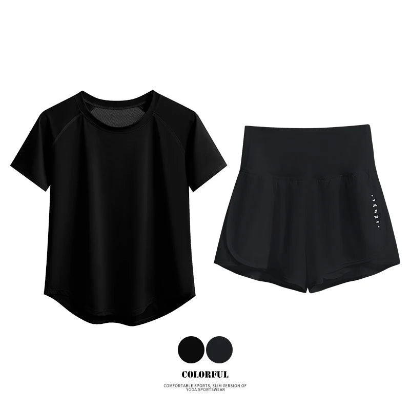 DRUR 2pcs Yoga Set Women Summer Sports Suit 2 Piece Sportswear Outfits Female Short Sleeve Fitness Tops Running Shorts Sets New