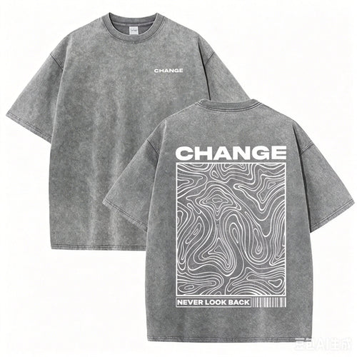 "CHANGE" Topographic Line Art Print Vintage Washed Beige Casual Graphic T Shirt