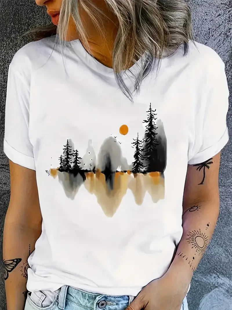 New Hot Selling Pattern Letters Printed Women's Fashion Short-sleeved T-shirt Cherry Round Neck Blouse Summer Fashion Polyester