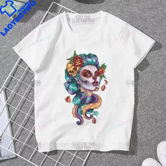 Skull Day of The Dead Graphic T Shirts Skeleton Woman Tshirts Mexican Heritage Flowers Black Tops Casual Kawaii Funny Clothes
