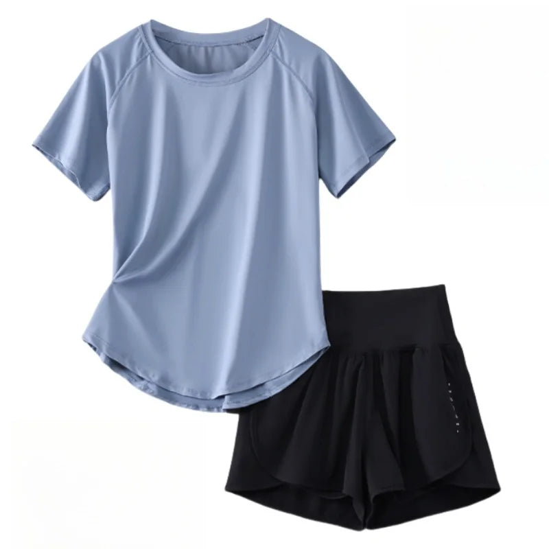 DRUR 2pcs Yoga Set Women Summer Sports Suit 2 Piece Sportswear Outfits Female Short Sleeve Fitness Tops Running Shorts Sets New