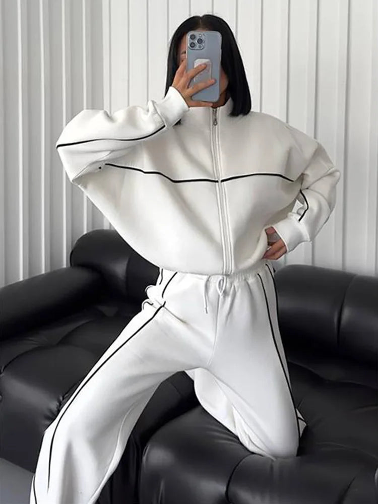 FSMG Casual Oversize Striped Half High Neck Zippers Sports Sets Women's Long Sleeve Sweatshirt Elastic Waist Pants 2 Piece Set