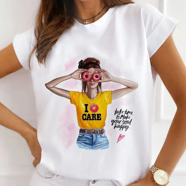 Fashion Girls Cool Half Sleeve American White T-shirt Women's Short Sleeve Top Casual Streetwear Clothing Polyester fiber fabric