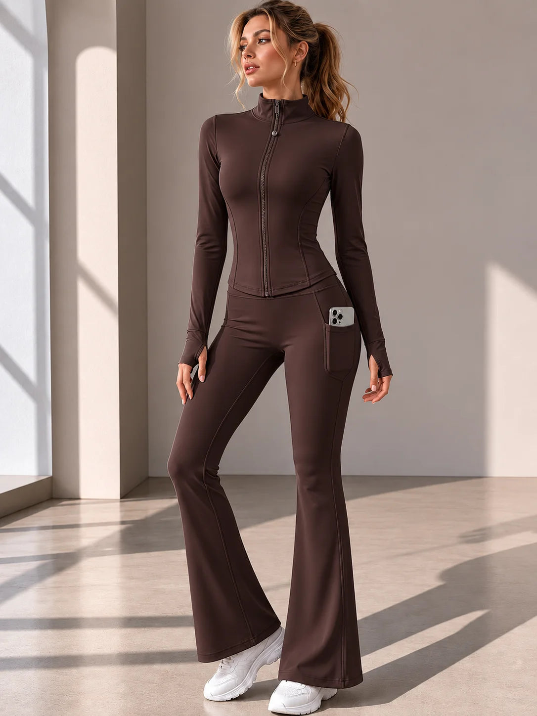 Polyester Spandex Women Yoga 2Pcs Suit Zip Slim Jacket High Waist Flare Pants Pocket Gym Workout Running Sportswear