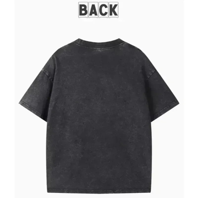 Kawaii Vintage Washed Black Cat Print T-Shirt Korean Style Casual Streetwear Oversized Cotton Tee for Women and Man