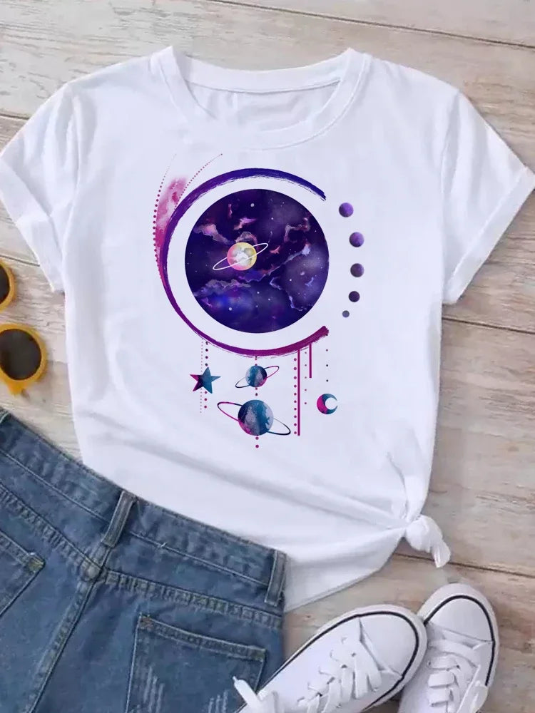 T Shirt Women Moon Planet Print Fashion Tee Shirts Casual Round Neck Short Sleeve Streetwear Female T-Shirt Vintage Tops