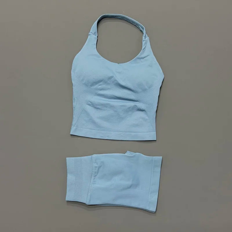 2 Pieces Shorts Yoga Set Women Backless Halter Tops High Waist Seamless Shorts Gym Suit Fitness Sportswear Workout Sets