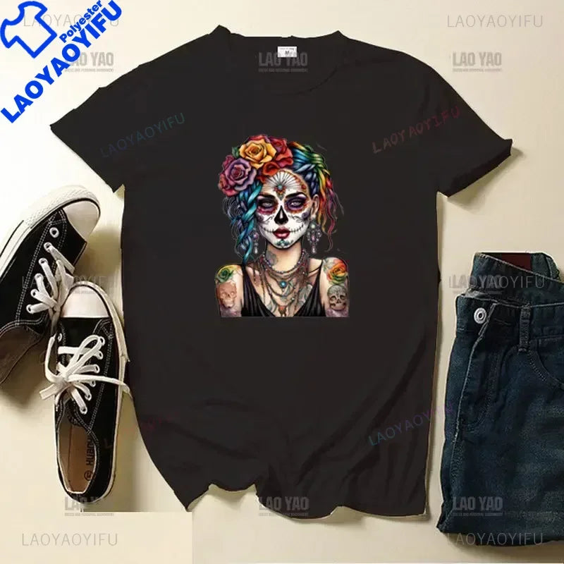 Skull Day of The Dead Graphic T Shirts Skeleton Woman Tshirts Mexican Heritage Flowers Black Tops Casual Kawaii Funny Clothes