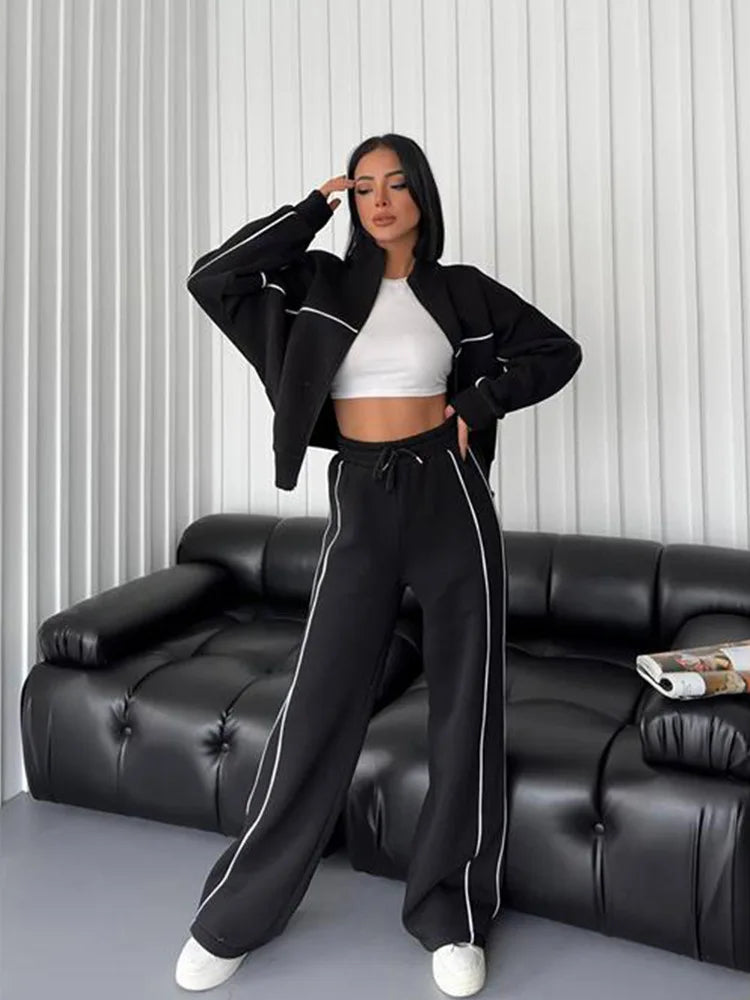 FSMG Casual Oversize Striped Half High Neck Zippers Sports Sets Women's Long Sleeve Sweatshirt Elastic Waist Pants 2 Piece Set