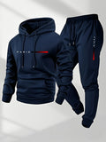 Printed sweatshirt set, men's wool sweatshirt and pants set, warm and casual sporty pullover pants set for autumn and winter