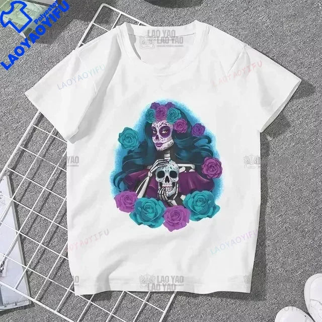 Skull Day of The Dead Graphic T Shirts Skeleton Woman Tshirts Mexican Heritage Flowers Black Tops Casual Kawaii Funny Clothes