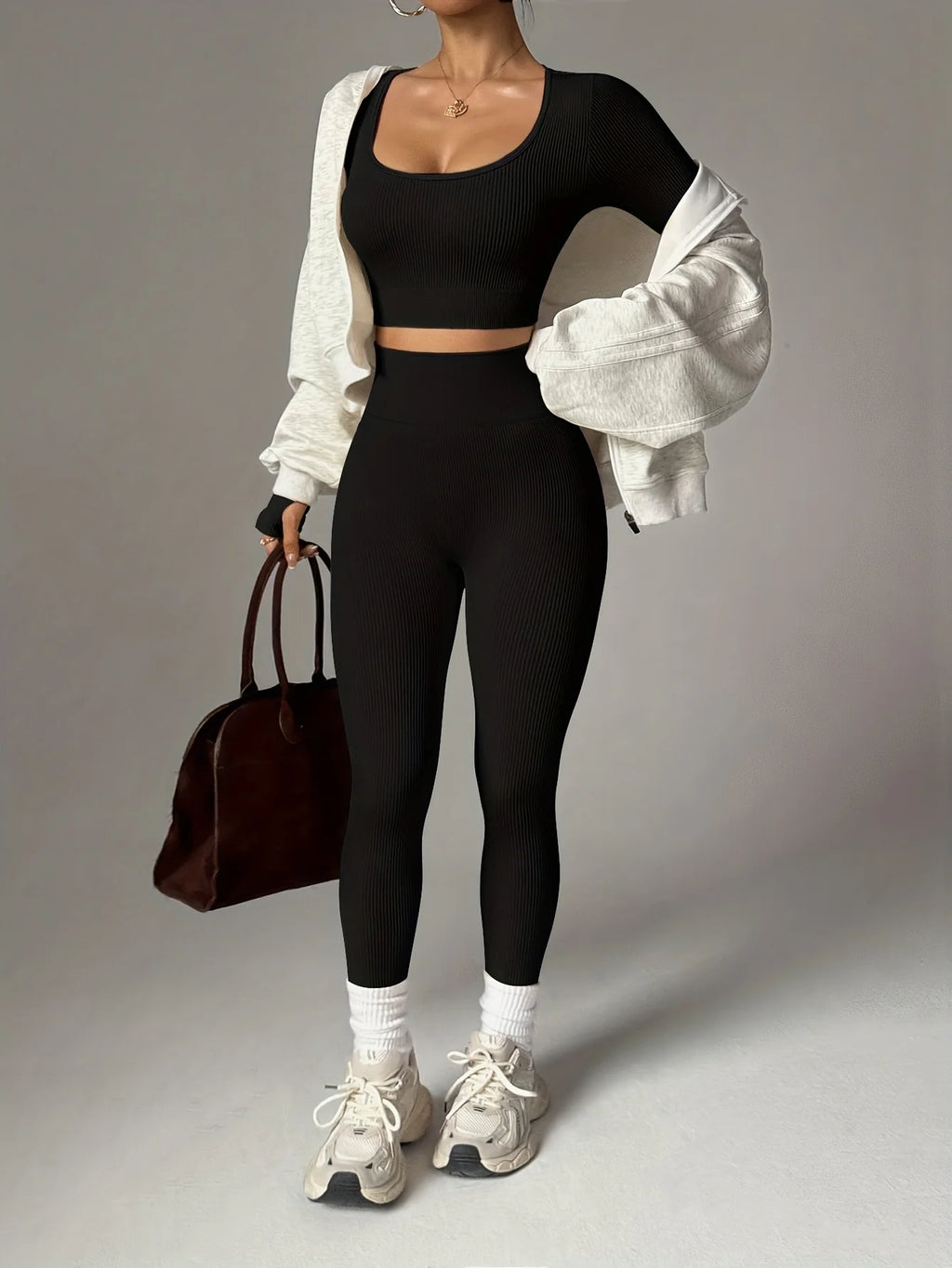2 pieces set of pure color ribbed women's casual sportswear, sexy low-neck cropped sports long sleeves   high-waisted sports leg