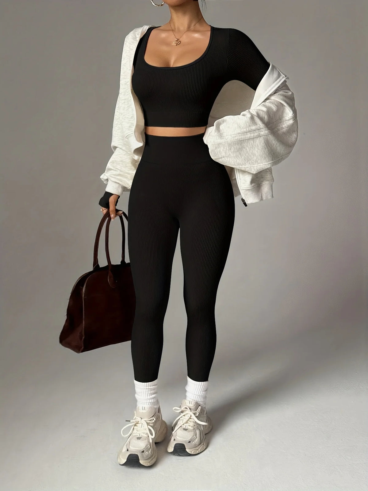 2 pieces set of pure color ribbed women's casual sportswear, sexy low-neck cropped sports long sleeves   high-waisted sports leg