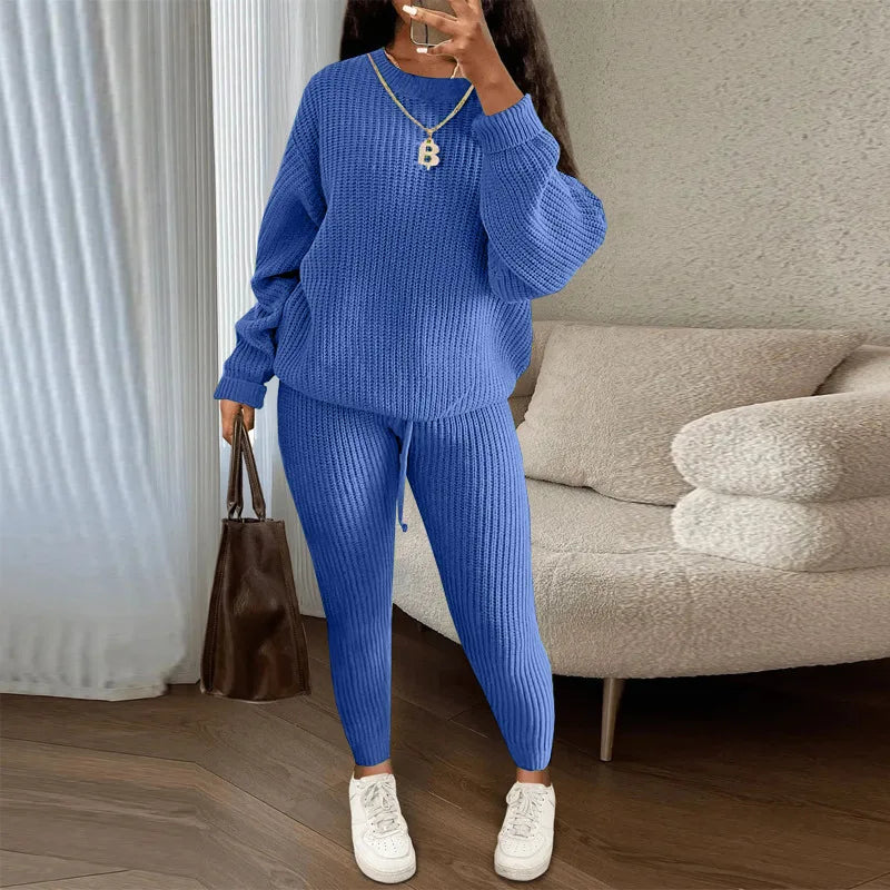 Knitted Sweater Two Piece Set For Women Autumn Winter Long Sleeve O Neck Sweater + Skinny Pants Sets Casual Knit Outfit Homewear