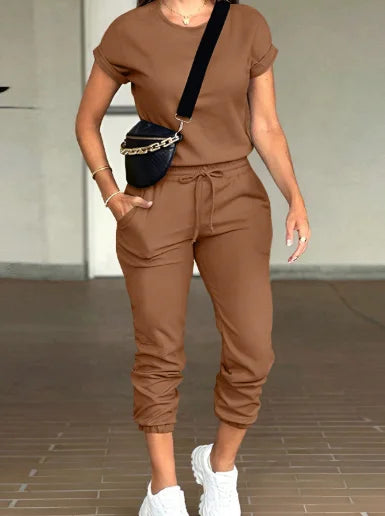 Sports Two-piece Set For Women Summer Fashion Comfortable Casual Solid Color Round Neck Short-sleeved Top And Elastic Pants Set