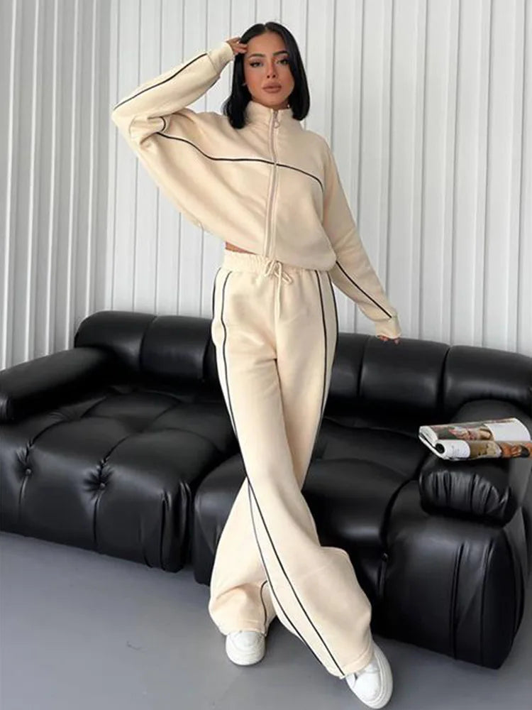 FSMG Casual Oversize Striped Half High Neck Zippers Sports Sets Women's Long Sleeve Sweatshirt Elastic Waist Pants 2 Piece Set