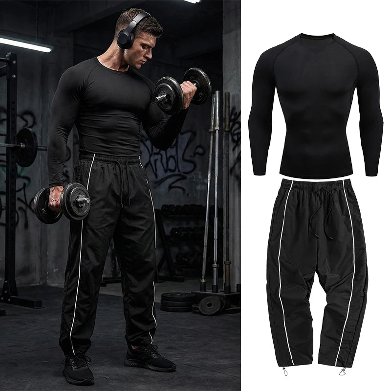 Mens Spring Fall Athletic 2 Piece Set Gym Workout Running Sportswear Long Sleeve Compression Shirt Pants Trousers Sweatpants